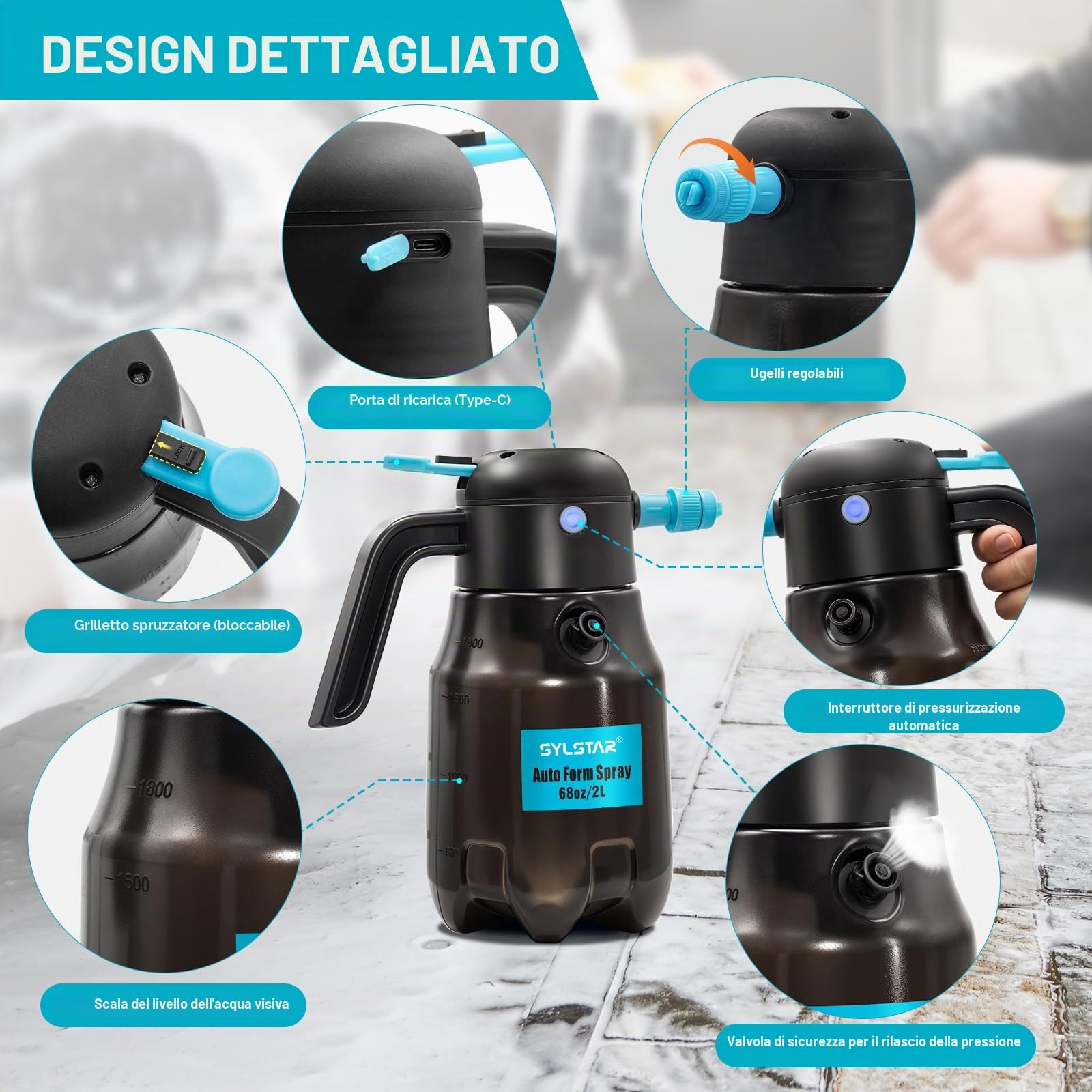 SYLSTAR Pompa Irroratrice a Batteria 2L, 4,2 Bar Spruzzatore a Pressione Ricaricabile con 2 Ugelli, Spruzzatore a Batteria Spruzzatore Schiuma per Lavaggio Auto, Autopressurizzazione