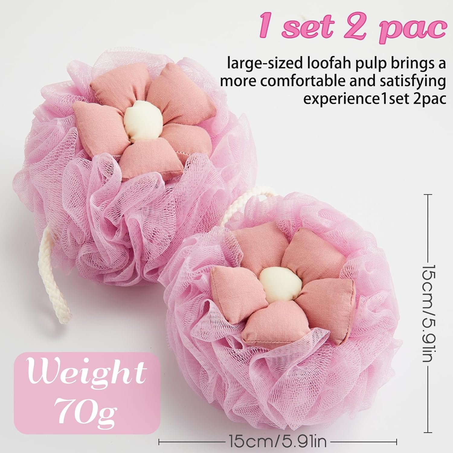 2 Pack Cute Flower Loofah for Women, Bath Loofah Sponge, Mesh Pouf Flower Body Scrubber, Exfoliating Shower Sponge, Bath Scrubber for Sensitive Skin in Beauty Bathing Accessories(Pink) - Image 2