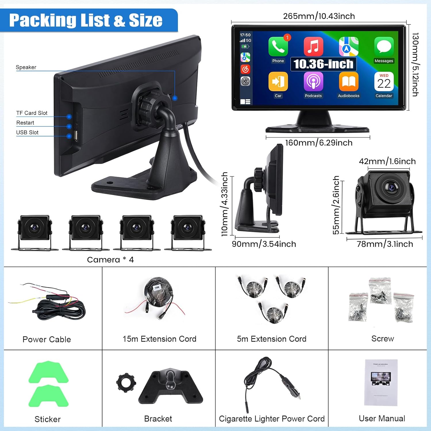 1080P 4K RV Backup Camera System Portable Wireless Apple Carplay/Android Auto Mirror Link Smart Player 10.36 inch Touchscreen Reverse Monitor DVR Loop Recording 4 Split Screen Bluetooth USB TF