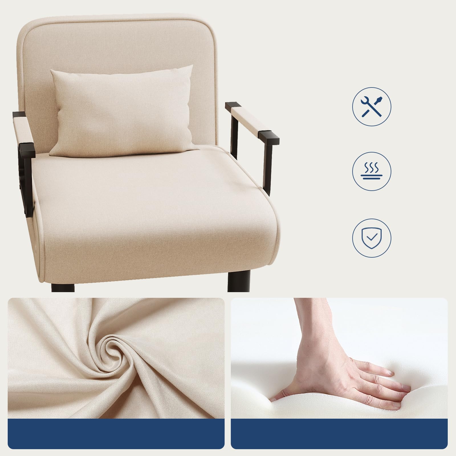 Chauffeuse Canapé-Lit 4-en-1, Chauffeuse 1 Place, Fauteuil Lit Convertible, Lit d'Appoint Chaise Longue avec Dossier Réglable en 6 Positions et Coussin pour Salon Chambre Bureau, Beige