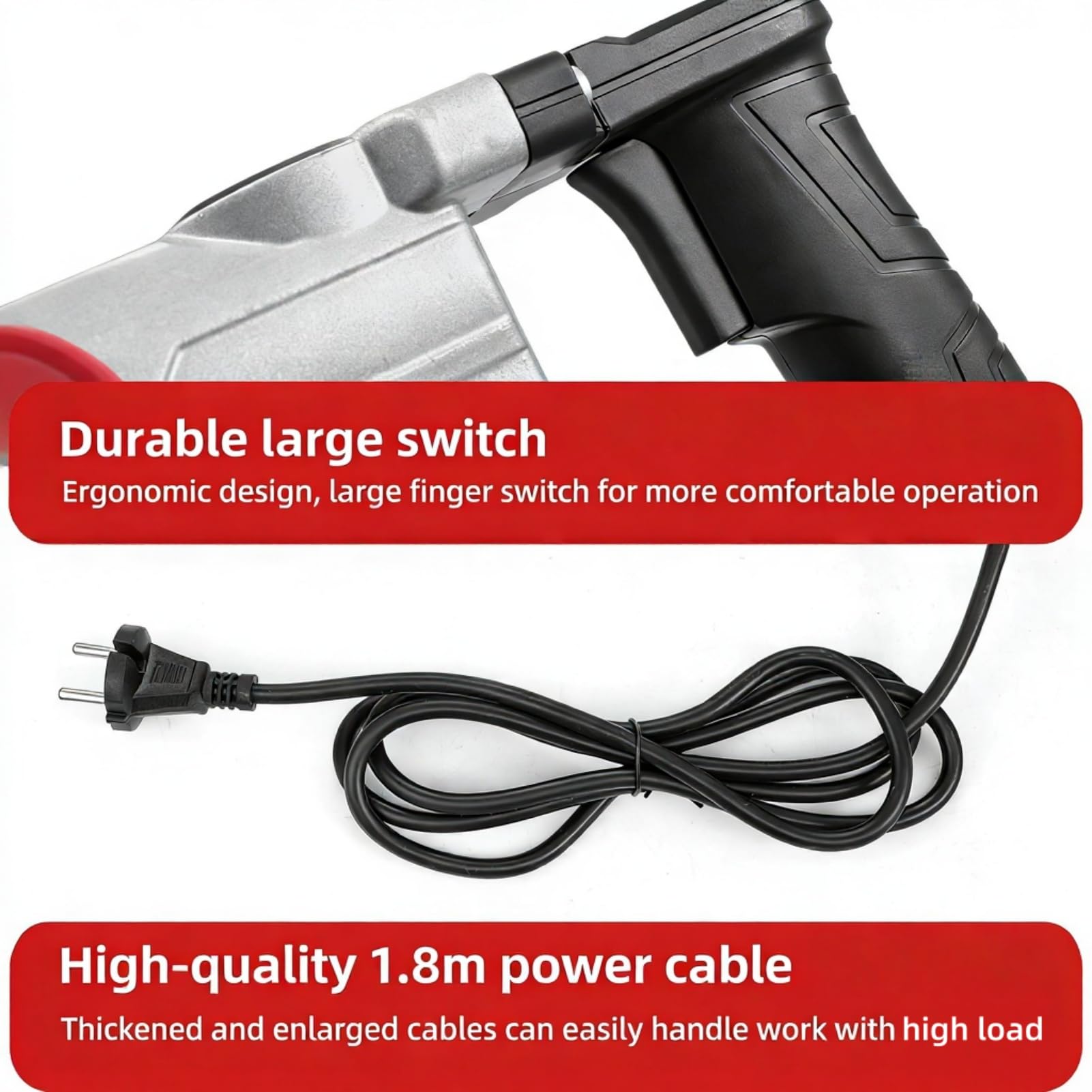 Młotowiertarka akumulatorowa 1900 W, 200 – 240 V, 3300 uderzeń/min, kabel 1,8 m, akcesoria i walizka, młot udarowy do betonu, muru, drewna i metalu
