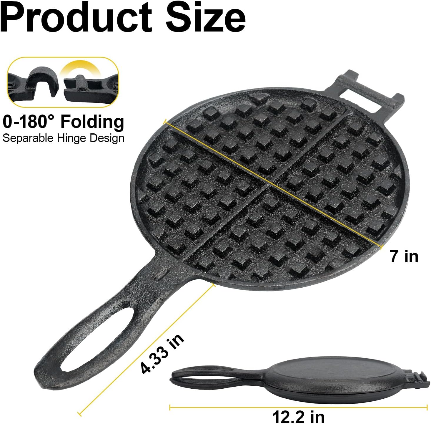 Cast Iron Waffle Maker for Stovetop or Grill, 7 inch Round Waffle Iron, Two Piece Hinged Non-Electric - Quick Heating, Easy Clean