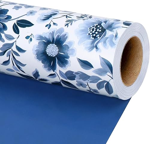 LaRibbons Rollo de papel de regalo reversible floral azul, 17 pulgadas x 33 pies (46.7 pies cuadrados), diseño de peonía azul y blanco para regalo
