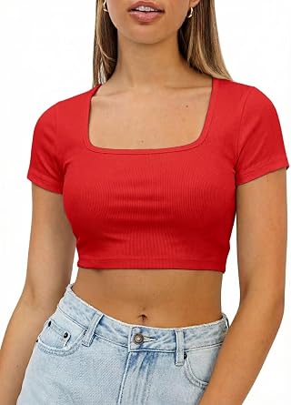 Womens Crop Tops Crewneck Y2K Summer T-Shirt Basic Short Sleeve Fitted Knit Ribbed Casual Blouse Cute Tee Shirt