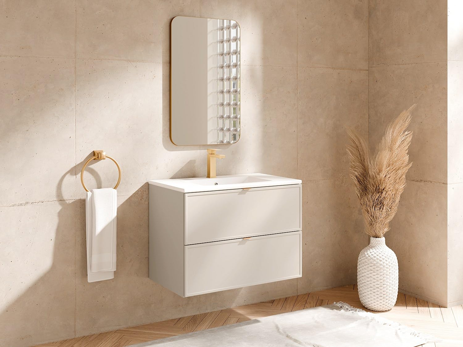Vente-unique - Mueble de Lavabo Ondil - L 80cm x A 45cm x H 60cm - MDF - Beige
