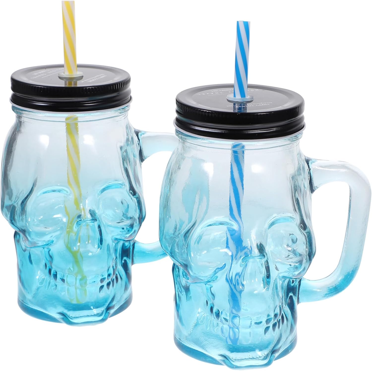 Uonlytech Halloween Gradient Blue Skull Glass Beer Mug with Handle 500ml, 2pcs Party Skull Wine Glasses for Halloween Beverage Drinking, Novelty Glassware for Bar and Home Use Random Color