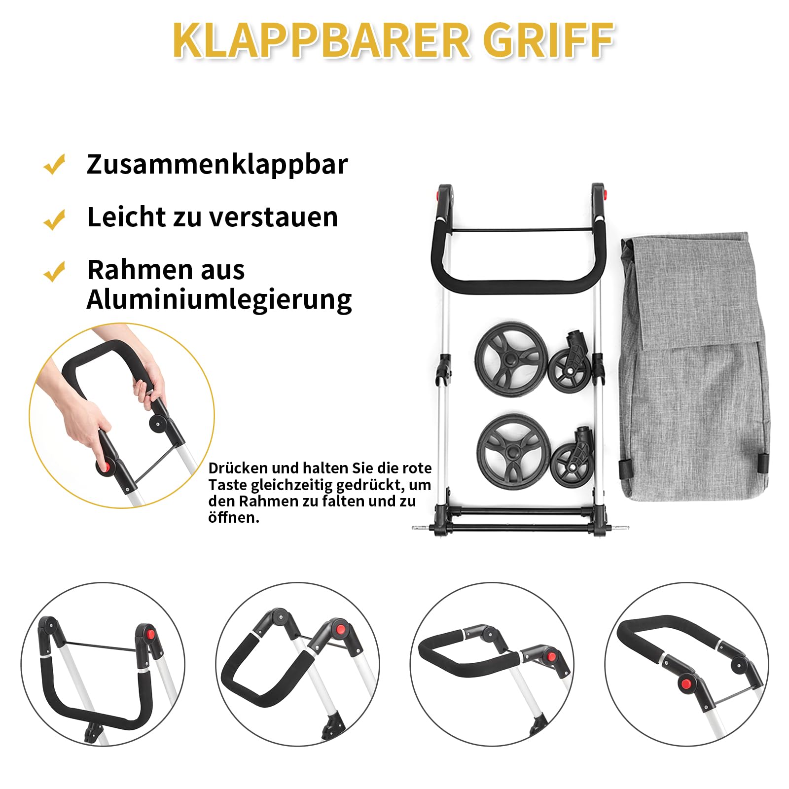 Einkaufstrolley, 46L Trolly Einkaufswagen Klappbar, 4 Rädern Aluminium Leichtgewicht Einkaufstrolley, mit Isolierter Kühltasche, Stabil und Leicht zu Verstauen Einkaufswagen (grau)