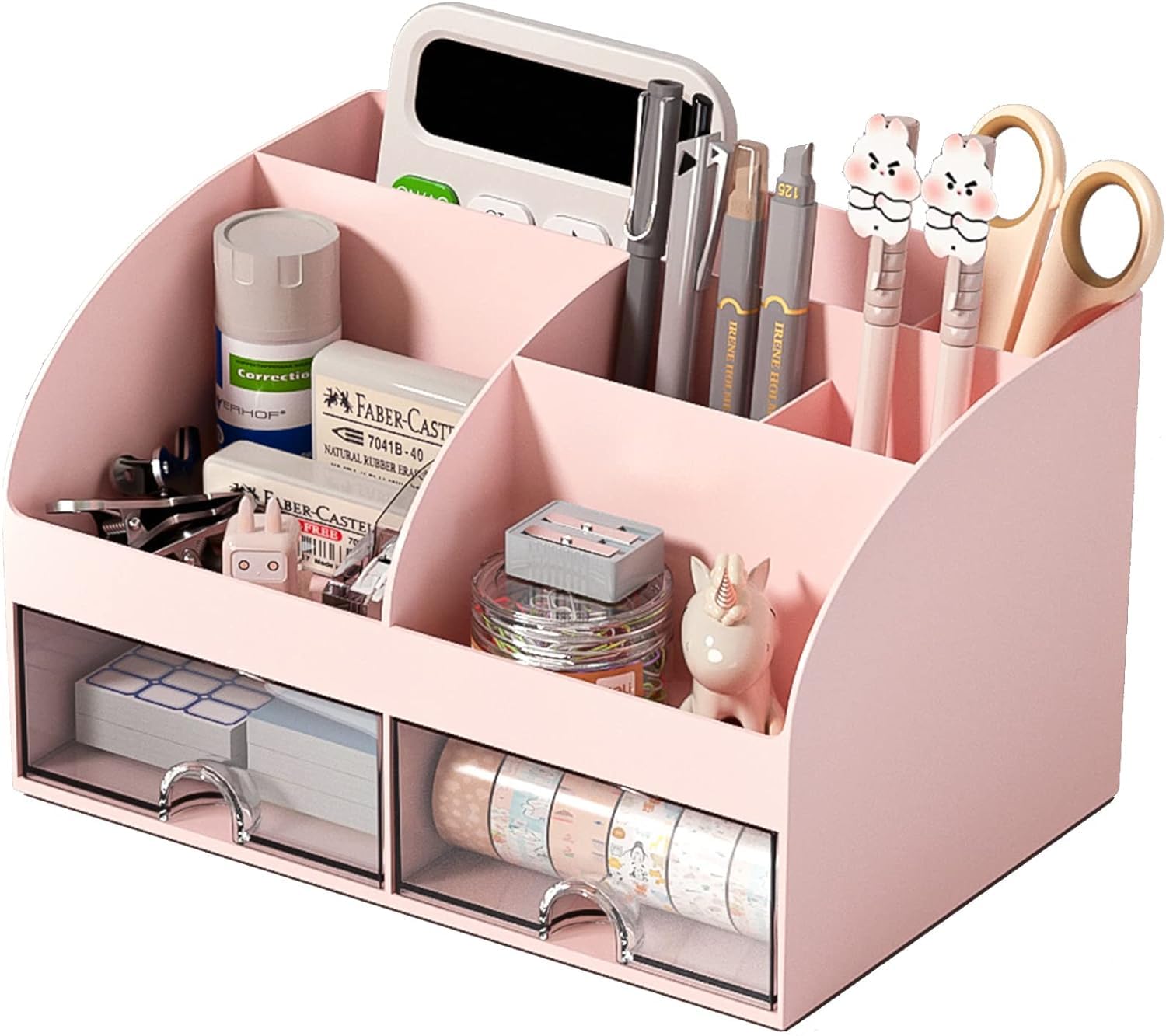 Desk Organizer and Accessories with 6 Compartments and 2 Drawers, Plastic Makeup Organizer, Pen Holder for Desktop Storage, Desk Organization for School, Home, Office Supplies (Pink)