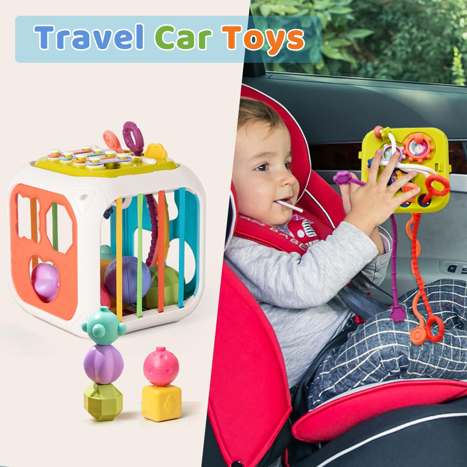 Juguetes Montessori 7 en 1 para niños de 1 año, clasificador de formas coloridas, juguetes para apilar y cuerda para tirar, juguetes para viaje en auto, relleno para calcetines 4