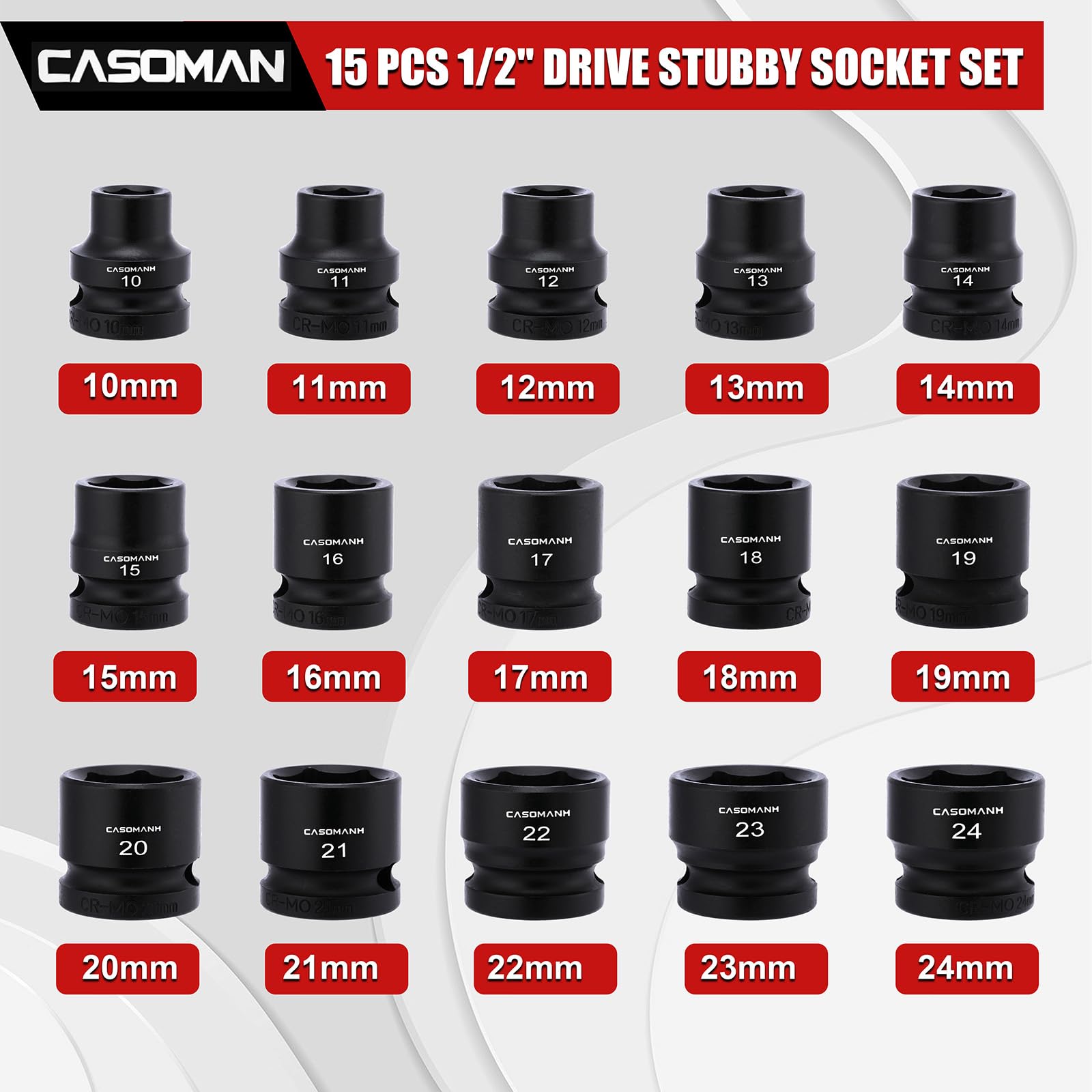CASOMAN Set di 15 bussole a impatto tozze da 1/2", a basso profilo, 10-24 mm, metriche, CR-MO, 6 punti, 15 pezzi, set di chiavi a bussola poco profonde per manutenzione automobilistica, riparazioni e