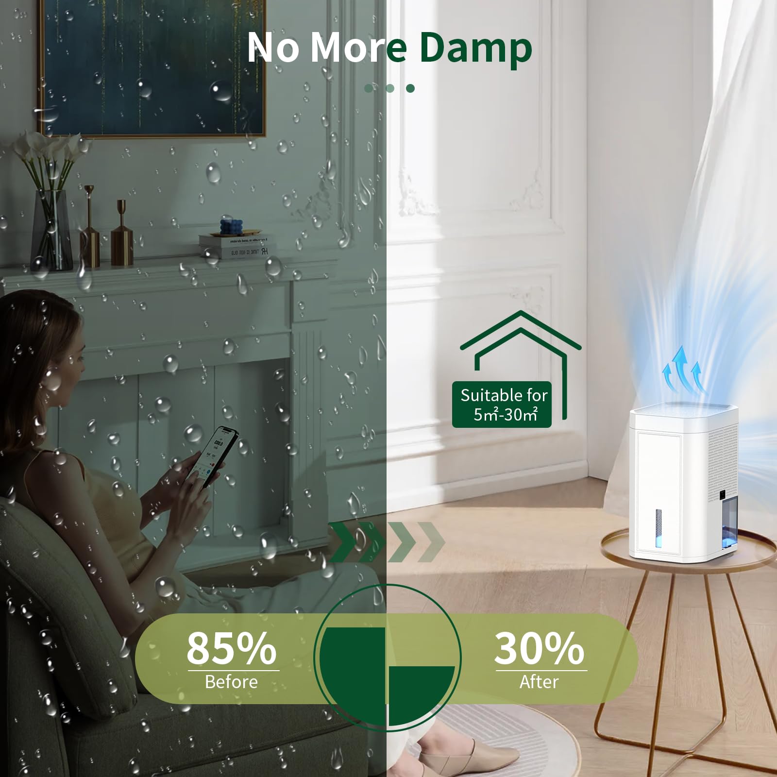 Deumidificatore elettrico 1200 ml, deumidificazione silenziosa con spegnimento automatico, timer 12H e modalità sleep, luce notturna RGB a 7 colori, adatto per bagni, camere da letto e cantine