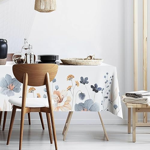 Blue Beige Flowers Fabric Waterproof Tablecloth,Rectangle Watercolor Wrinkle Oil-Proof Resistant Table Cover for Dining Table, Modern Minimalist disponible en Yaxa Peru
