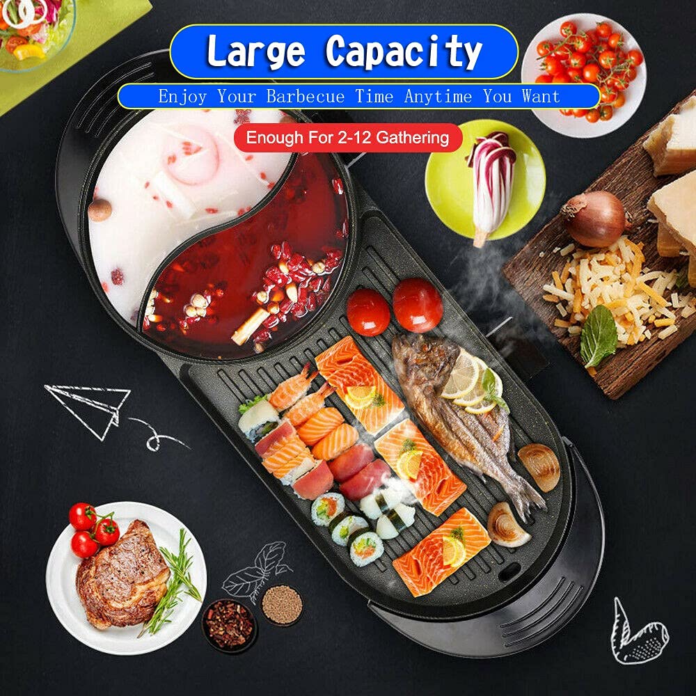 Topteng 2 in 1 Hot Pot Grill, Black Portable Electric Hot Pot Indoor Barbecue Grill Non-Stick Teppanyaki Pan Shabu Shabu Korean BBQ Grill Hot Pot