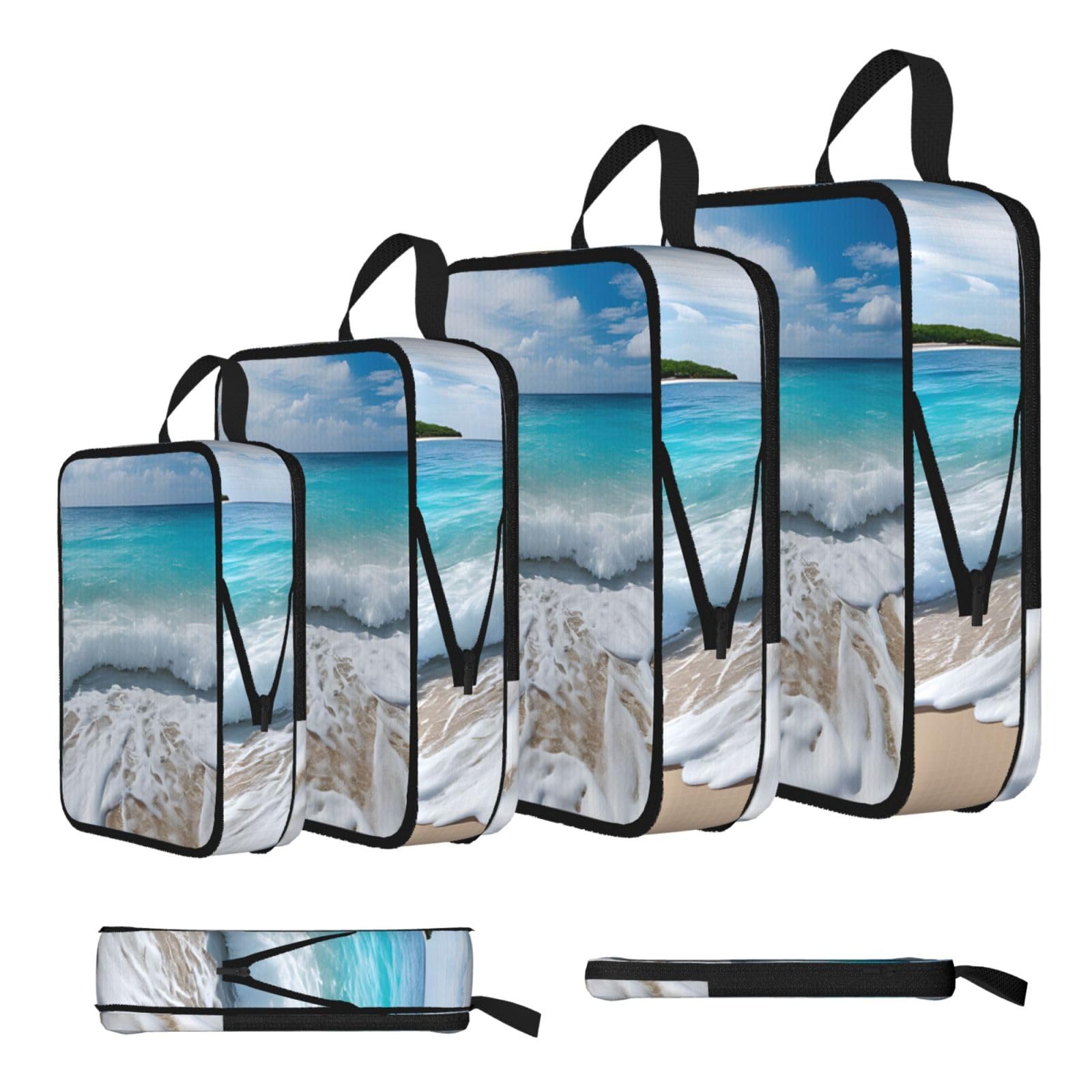 Ezdlowvba Black Serene Coastal Print Compression Packing Cubes 4-Piece Set With Multi- Compartment Travel Bag, Waterproof Suitcase Organiser Bags