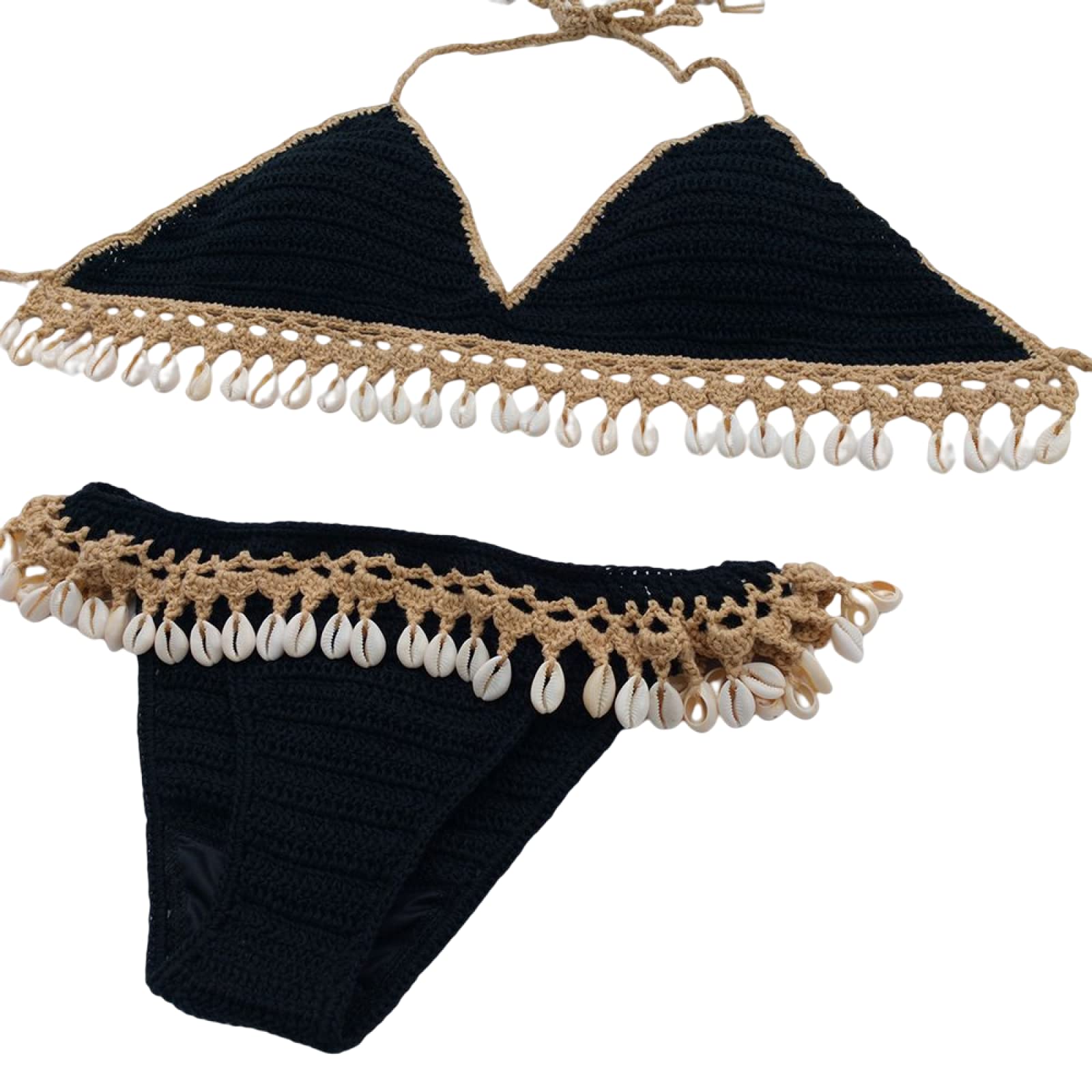 Conjunto De Bikini Sin Espalda con Cuello Colgante Sexy De Verano Traje De Baño De Ganchillo Hecho A Mano Negro Ropa De Playa con Borlas De Concha A La Moda Lencería
