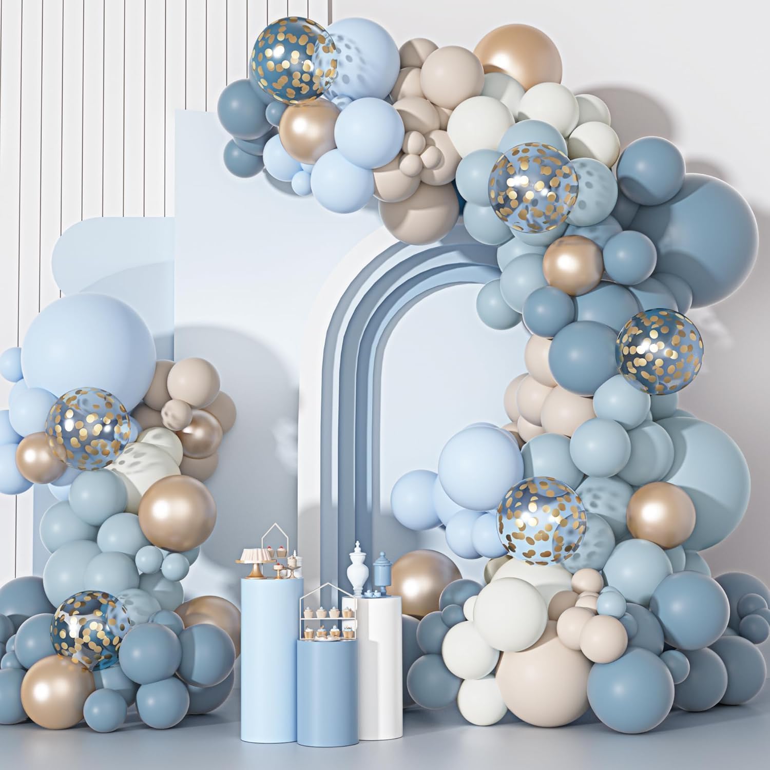 Ouddy Party Dusty Blue Balloons Arch Garland Kit, Different Sizes 18 12 10 5 Inch Dusty Blue Sand White Baby Blue Latex Metallic Confetti Balloon for Baby Boy Shower Wedding Birthday Party Decorations