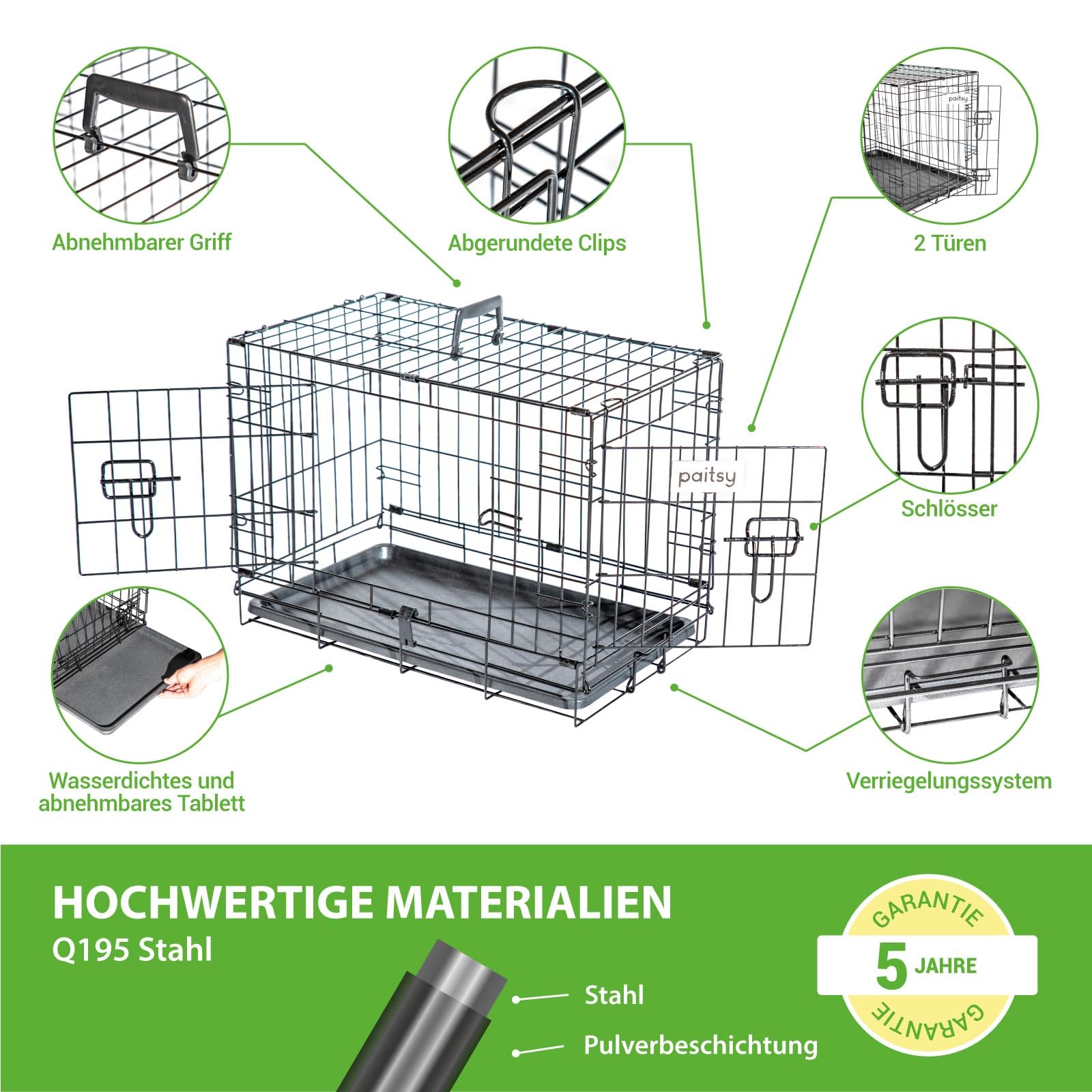 Hundetransportbox klappbar FortressooXS, Hundebox für mittelgroße Hunde 56x33x41cm, 2 Türen, herausnehmbares Tablett, für Innenbereich