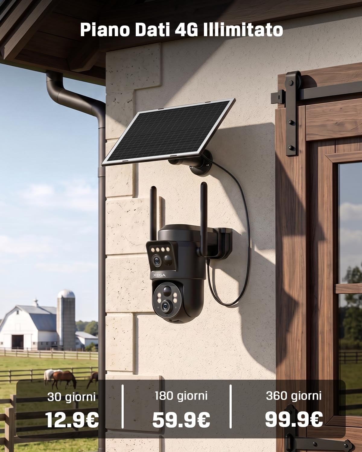 Xega 4G LTE PTZ Telecamera Doppio Obiettivo Solare con Scheda SIM Esterno | Senza WiFi, 8W pannello solare 12000mAh batteria, 1080P, sensore PIR, visione notturna a colori, audio bidirezionale