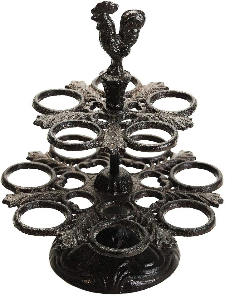 Sungmor Heavy Duty Cast Iron Eggs Holder Countertop Decor - Kitchen & Dining Room Organization Egg Stroage Display Rack - Vintage Dark Brown Color & Rooster Shaped Design - 12 Eggs Holding Capacity