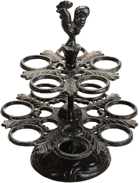 Sungmor Heavy Duty Cast Iron Eggs Holder Countertop Decor - Kitchen & Dining Room Organization Egg Stroage Dsiplay Rack - Vintage Dark Brown Color & Rooster Shaped Desgin - 12 Eggs Holding Capacity