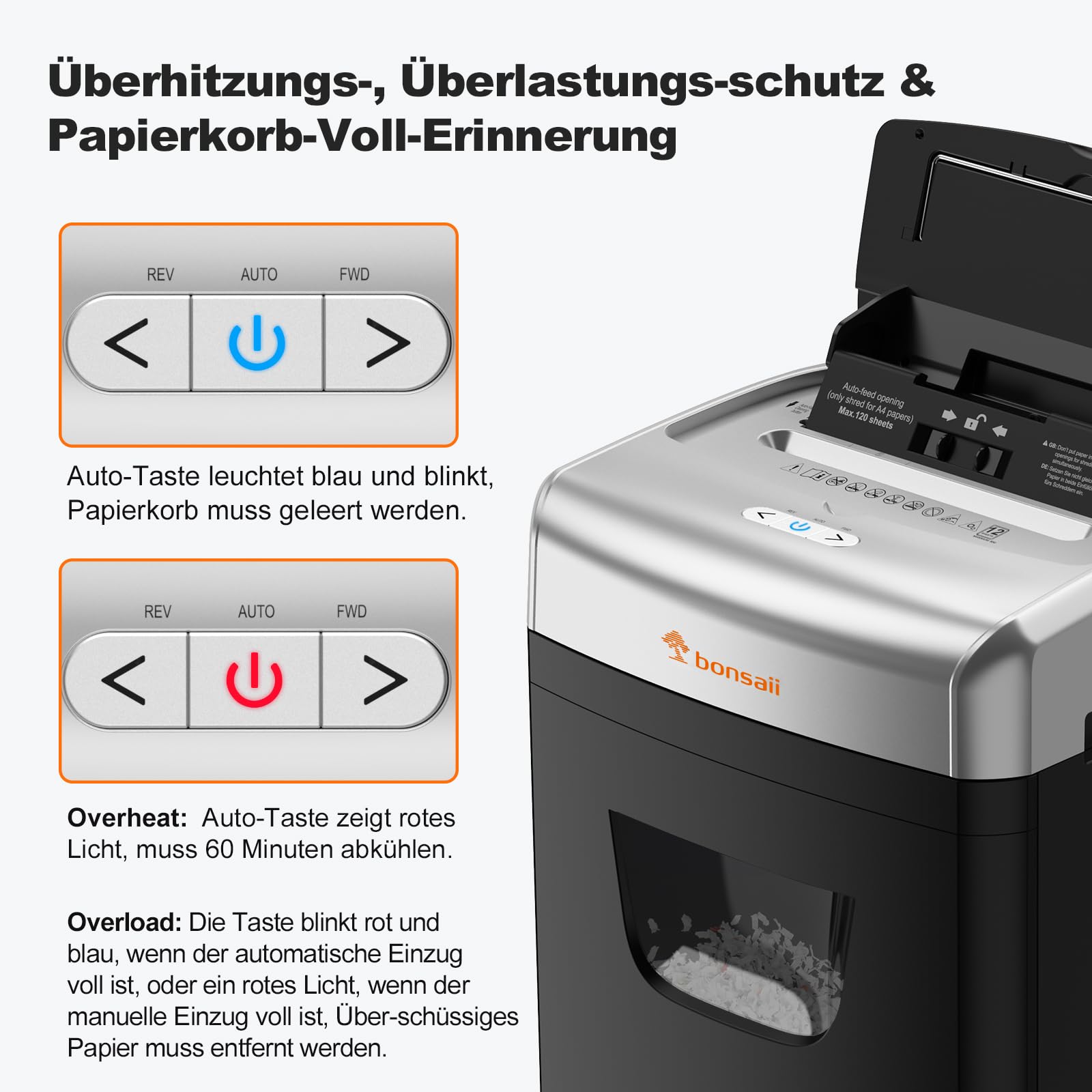 Bonsaii 120 Blatt Aktenvernichter mit Automatischem Einzug, P-4 Partikelschnitt, Extrem Leise mit 62dB, 23-Liter-Behälter und 4 Rädern, Autofeed-Mikroschnitt-Schredder für das Büro(C233-B)