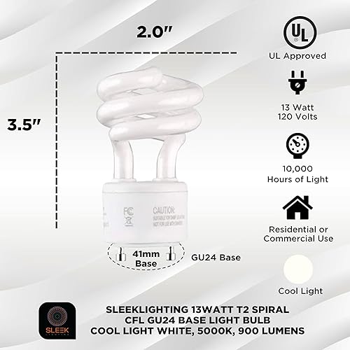 Miniatura 9 de SLEEKLIGHTING Base de bombilla de 2 clavijas T2 en espiral CFL GU24 de 13 vatios 2700 K 900 lúmenes, aprobada por UL, bombilla de 120 V 60 Hz, mini
