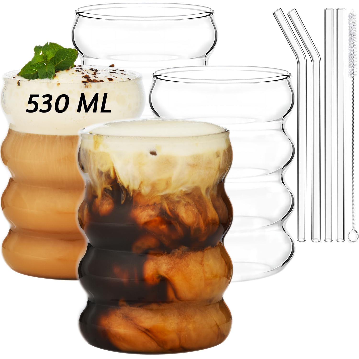 ALINK Plus Size Gerippte Trinkgläser mit Glasstrohhalmen 4er Set, 530ml bubble glas,Eiskaffeegläser, wave glas, Wassergläser,Longdrinkgläser für Cocktail,Wasser, Soda, Geschenk