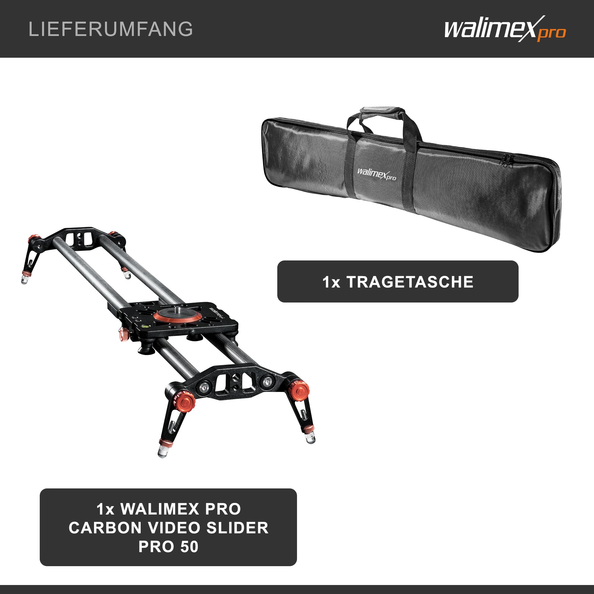 Walimex pro Slider camera Carbon Video nero Binario scorrevole 50 cm per videocamera con borsa di trasporto e livella a bolla