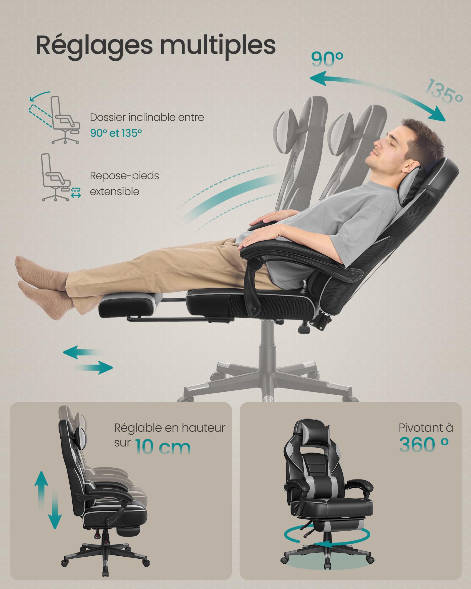 SONGMICS Fauteuil de Bureau, Chaise Gaming, RÉglable, Repose-pieds TÉlescopique, MÉcanisme À Bascule, Appui-tÊte, Support Lombaire, Charge 150 kg, Noir d'Encre et Gris Tourterelle OBG073B03