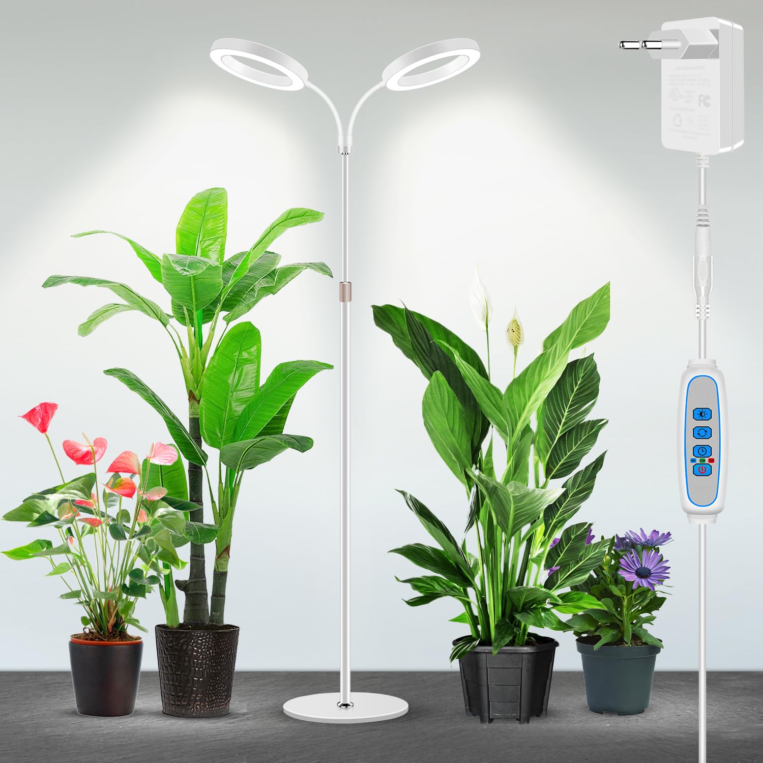 Garpsen Lampe de culture LED à double tête pour plantes d'intérieur avec support, 5 niveaux d'intensité variable avec minuterie 6/12/16H, 3 modes de couleur, 168 LED et hauteur réglable de 167"