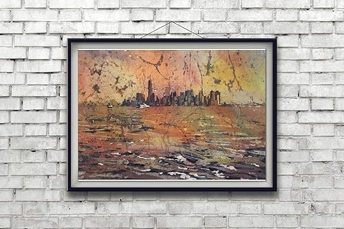 Miniatura 2 de Watercolor batik painting of skyline of Manhattan and World Trade Center at dusk- New York City, New York (print)