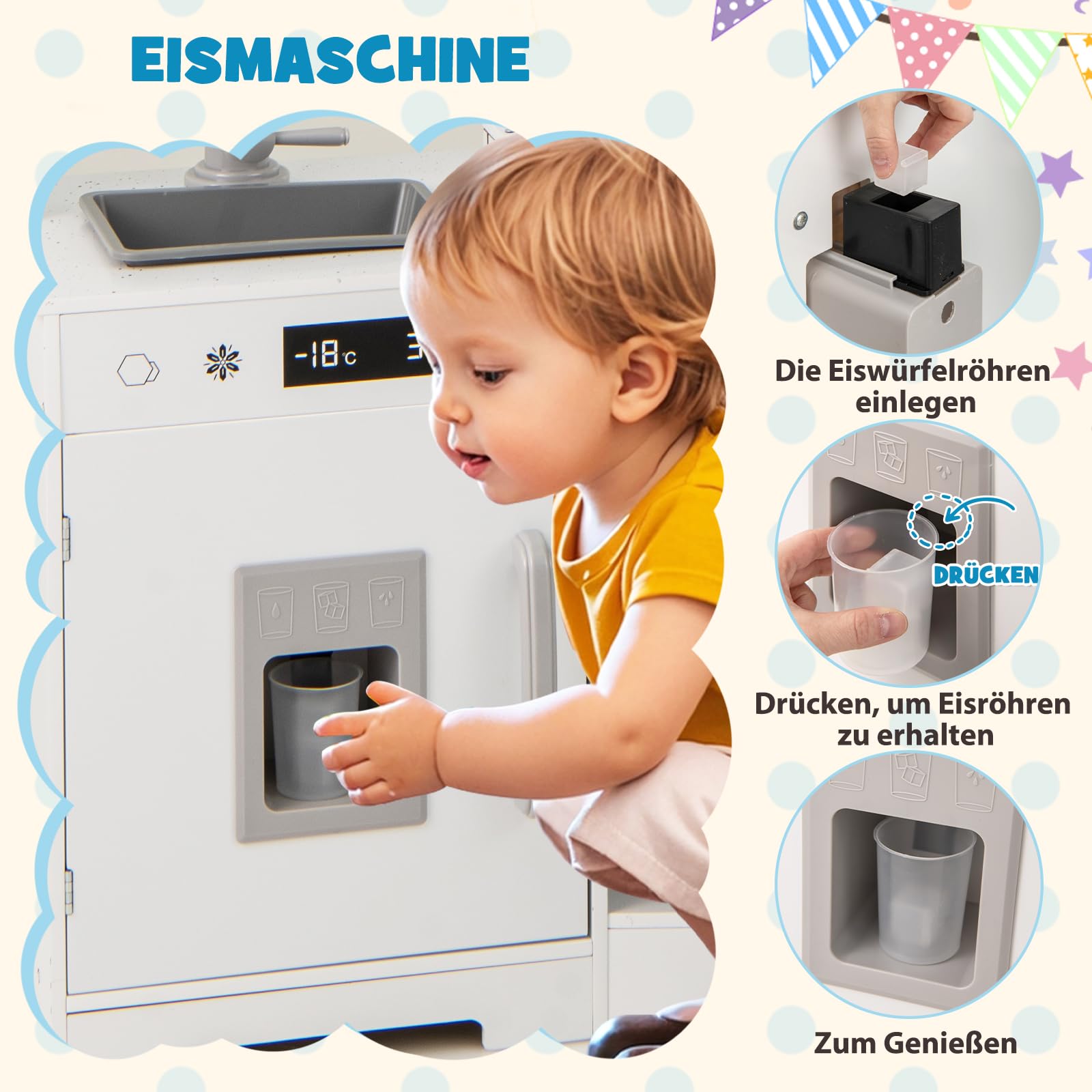 GOPLUS Kinderküche Holz, Spielküche Kinder mit Licht und Sound, Spielzeugküche mit Zubehör, Dunstabzugshaube, Eismaschine, Spüle, Mikrowelle & Ofen, Kinderspielküche für Kinder ab 3 Jahren (Weiß)