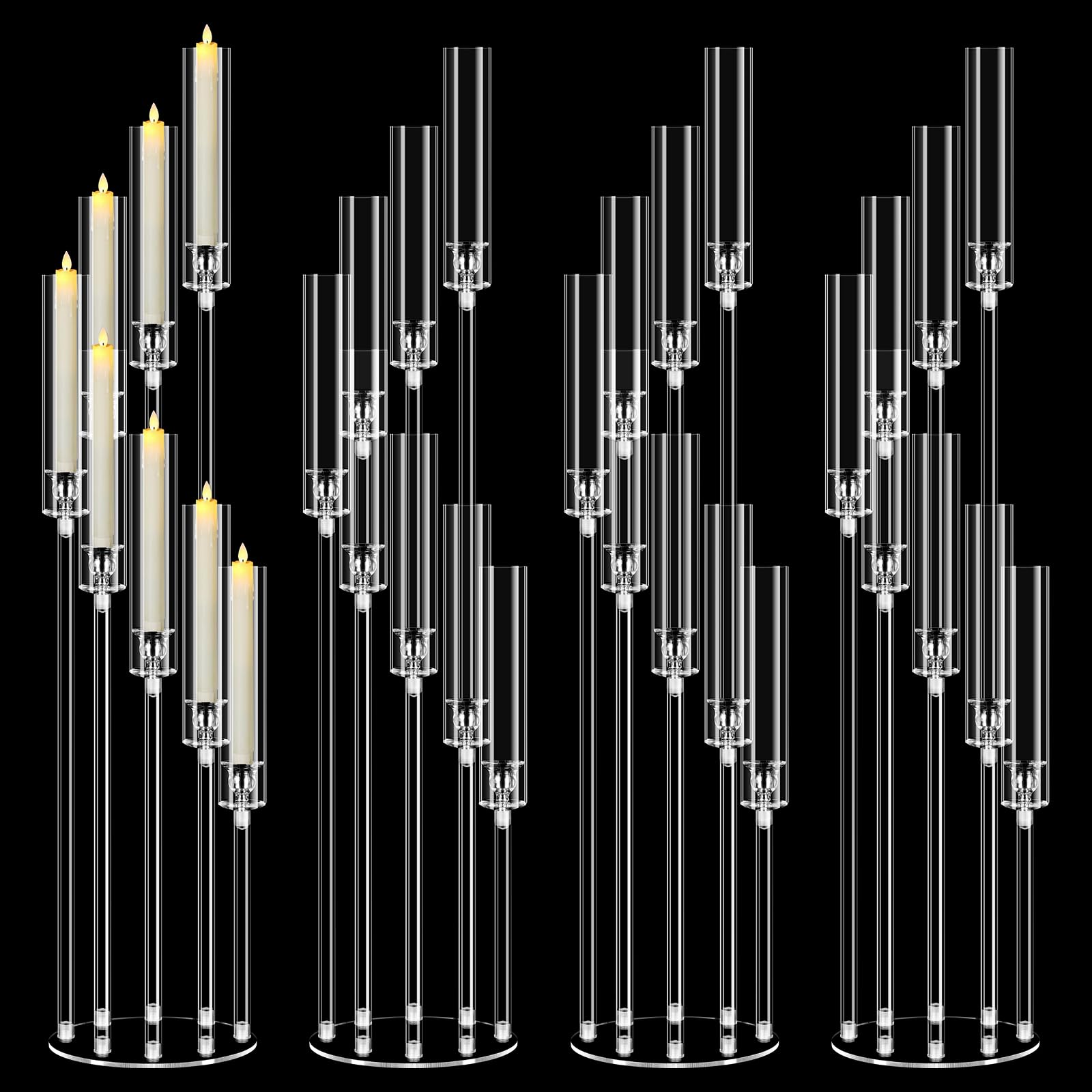 Lot de 4 bougeoirs à 8 bras en acrylique de 125 cm de haut pour tables, bougeoirs transparents pour pendaison de crémaillère, cheminée, décoration d'Halloween, de Noël, convient aux bougies