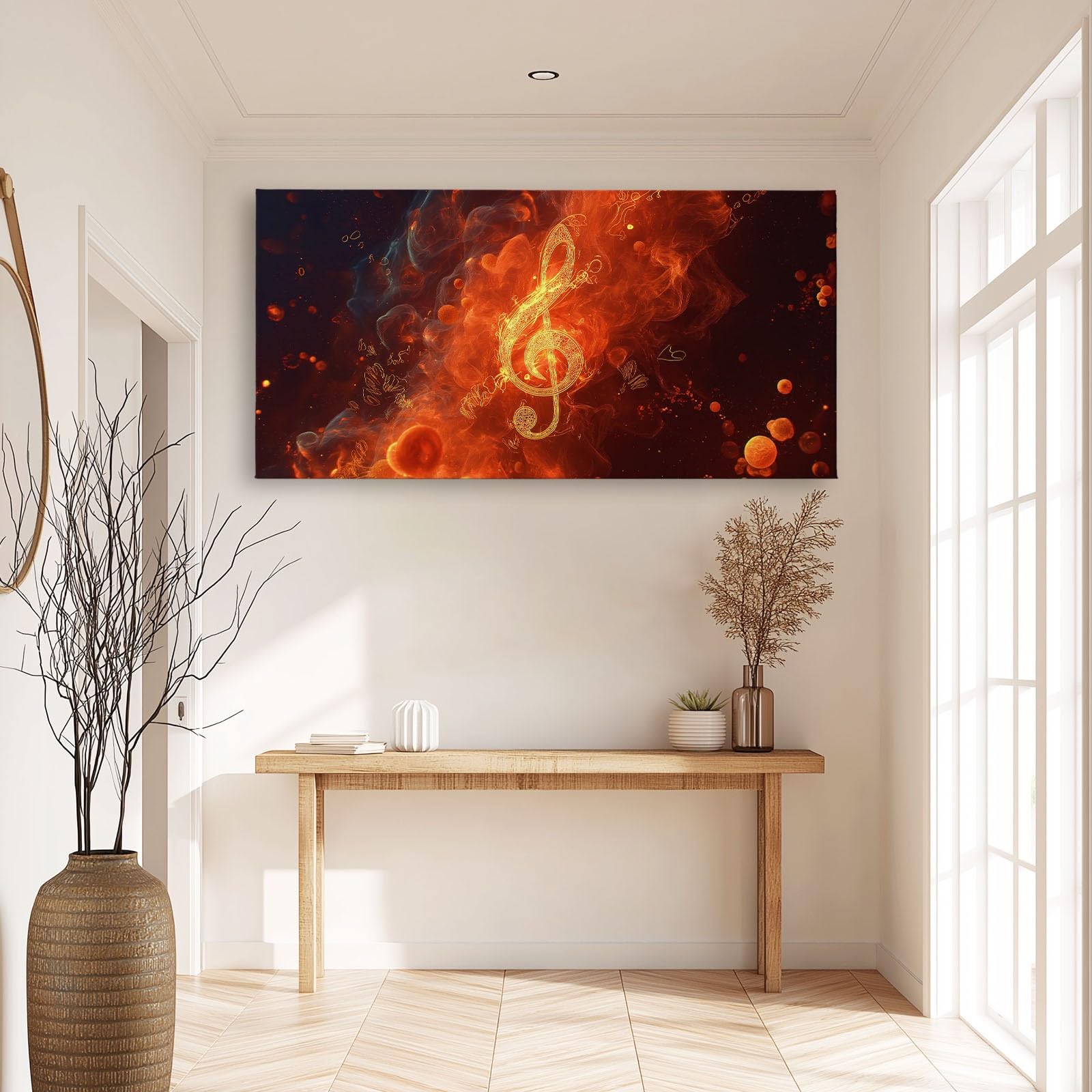 Generisch Orangerot Musik Musiknoten Flamme Modernes Leinwandbild 140L x 70B cm mit Rahmen, Modern XXL Wanddeko für Wohnzimmer Geschenk Idee Einzug - Hochwertiger Kunstdruck auf Holzrahmen