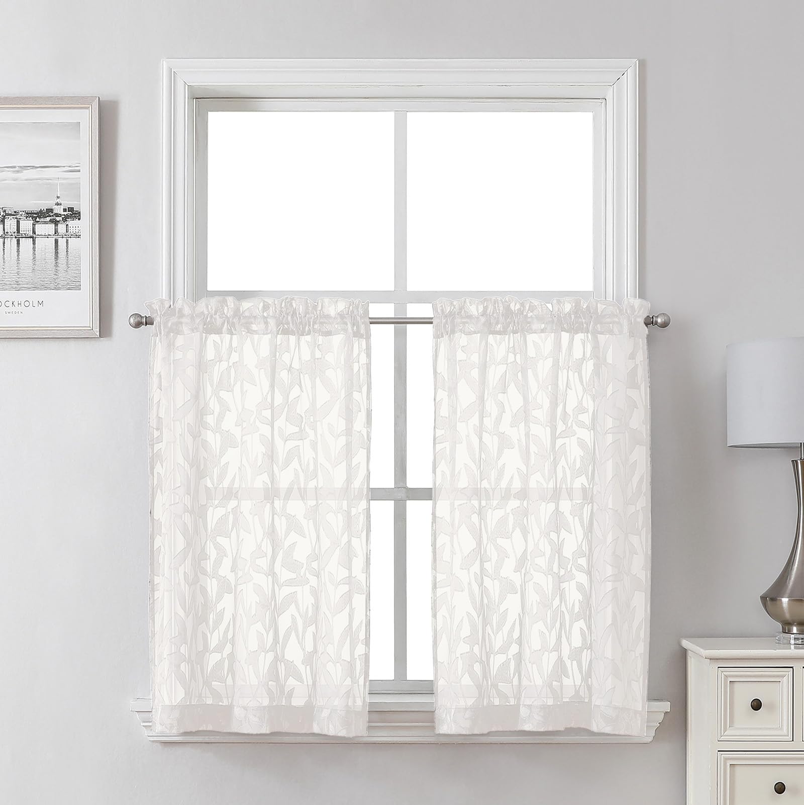Lecloud Leia Ivory Sheer Curtains 30 Inch Length 2 Pcs, Jacquard Leaf Textured Voile Short Curtains with Dual Rod Pocket, Farmhouse Bedroom Living Room Kitchen Tiers, Each Panel 28" W x 30" L — image 1