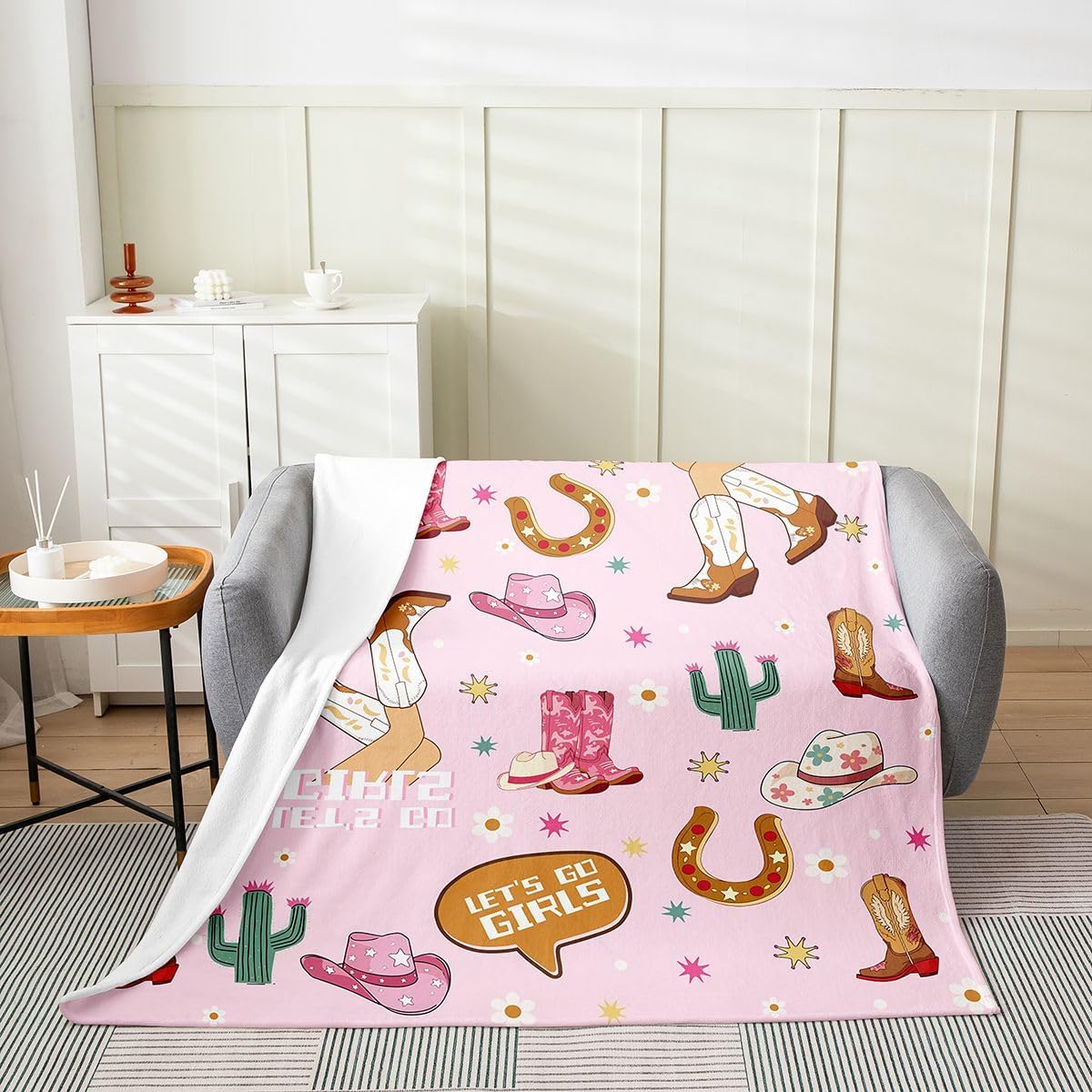 Pink Western Cowboy Flannel Fleece Throw Blanket Twin 60"x80" Rainbow Plush Blanket for Boys Girls Teens Western Decor Stars Fuzzy Blanket Super Soft All Season Bed Blanket Room Decor