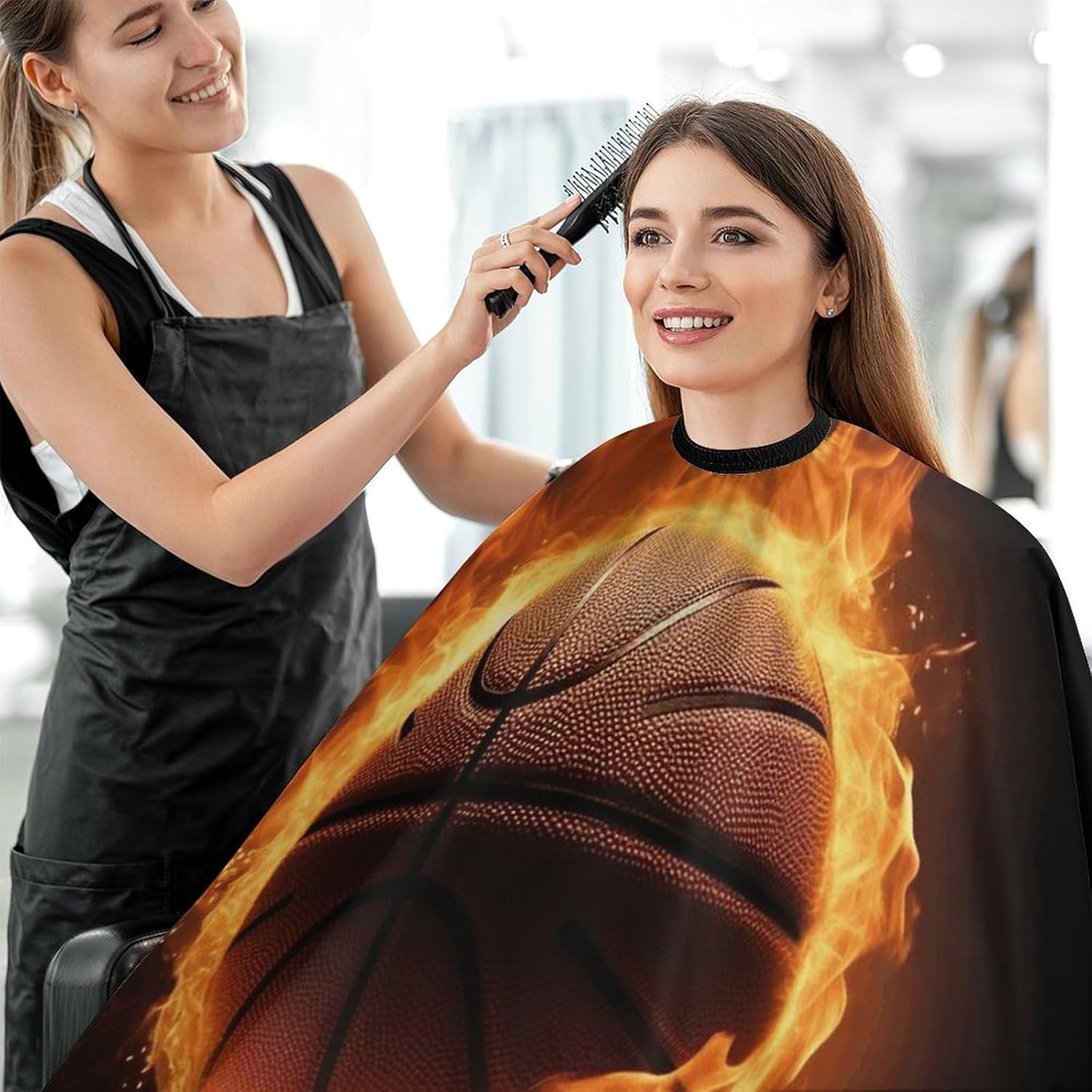 Burning Basketball Pictures Apron for Women Men,Barber Cape with Adjustable Snap Closure,Hair Cutting Cape,66.9 X 56.7 Inches for Hair Dye, Comb-out, Styling, Shampoo