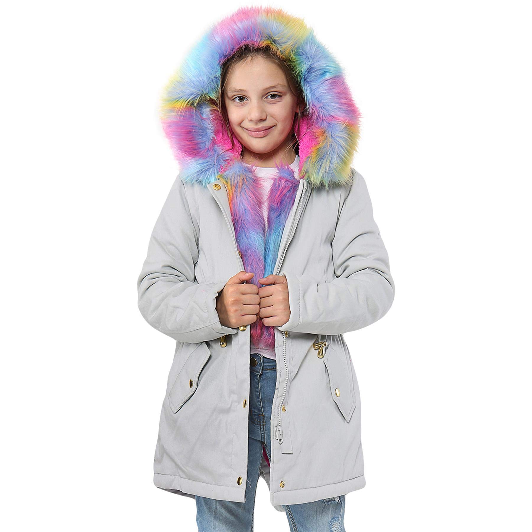 A2Z 4 Kids Faux Fur Lined Parka Hooded Jacket Girls Rainbow Faux Fur - Parka Jacket Rainbow Fur Silver 13