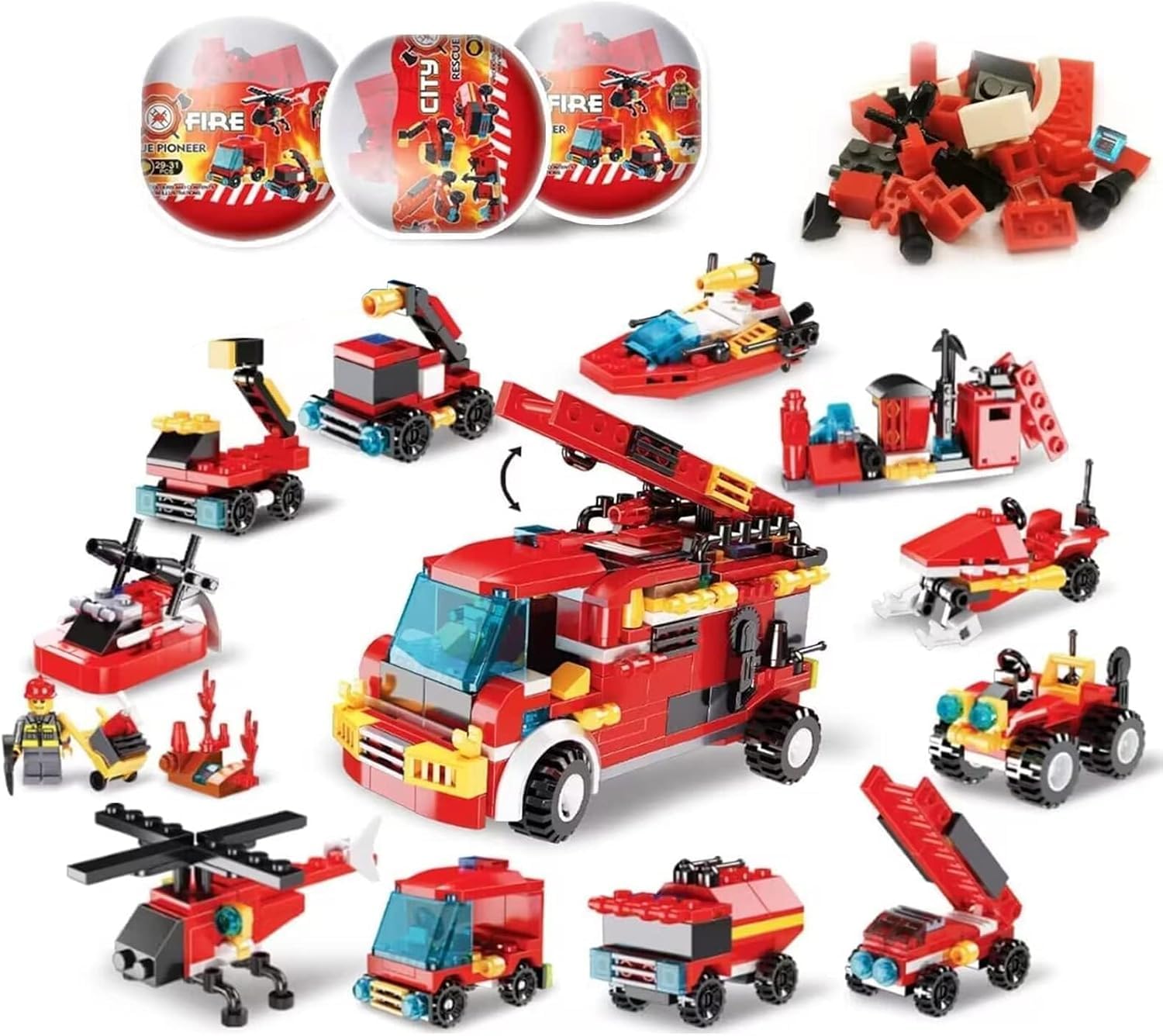 Easter Surprise Fire Building Bricks Set - 12-in-1 Fire Truck & Helicopter Building Kit with Minifigures, STEM Construction Toys Inside Easter Eggs