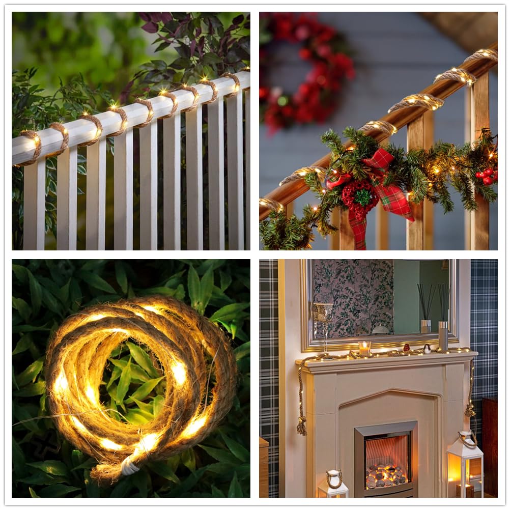 Batteriebetriebene Jute-Seillichter, 10 m, 200 LEDs, wasserdicht, Lichterschlauch für den Innen- und Außenbereich, Seilbeleuchtung für Terrasse, Pool, Schlafzimmer, Wohnzimmer, Landschaftsbeleuchtung