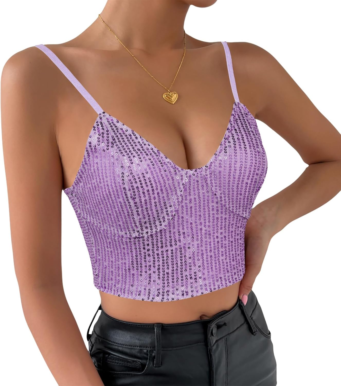 Womens Sparkly Sequin Top Spaghetti Strap Crop Top Glitter Sleeveless V Neck Vest Tank Tops Rave Disco Concert Outfit - Image 3