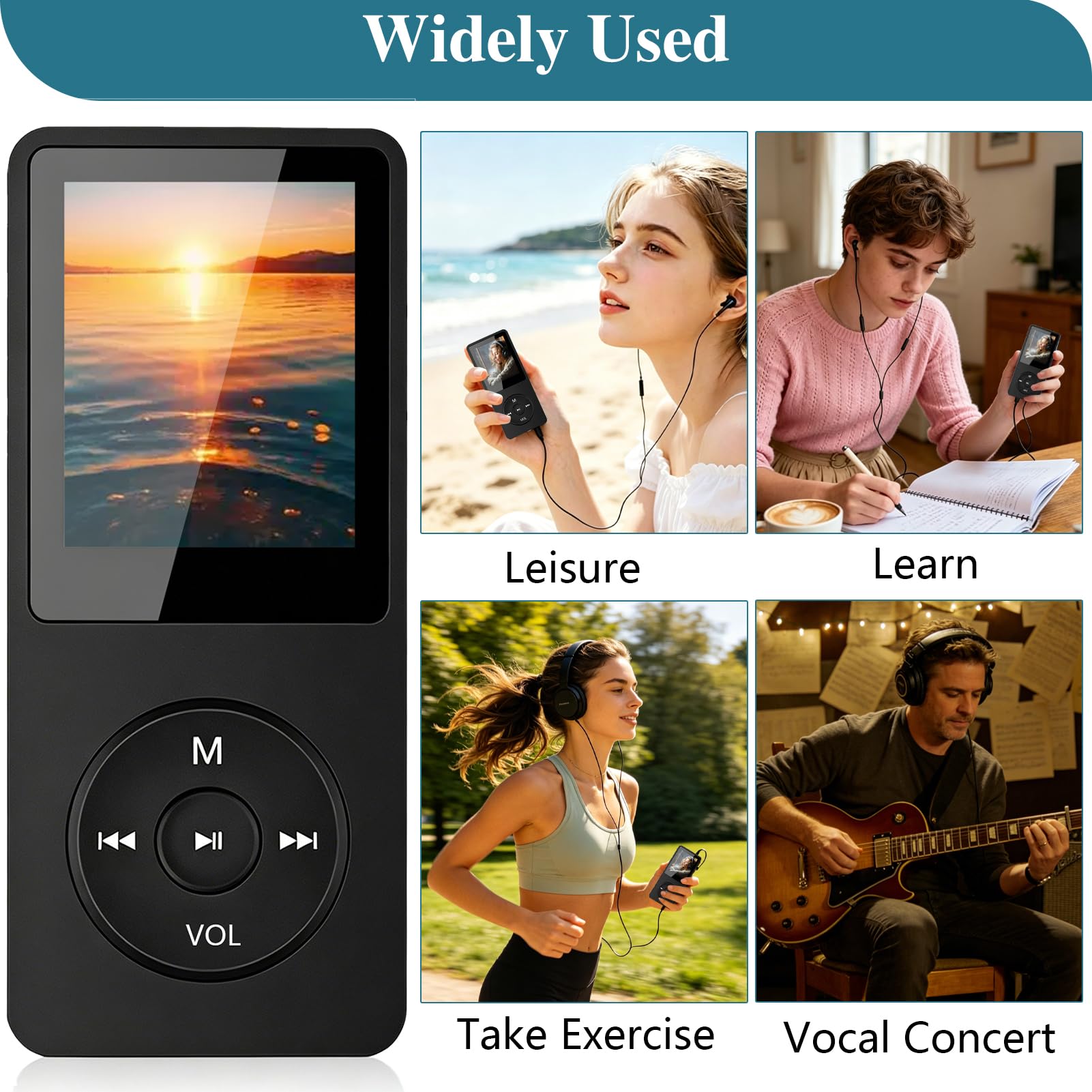 Lecteur MP3 Bluetooth 5.3 64Go avec Haut-Parleur, Radio FM, Écran 1,8", Autonomie 70H, Léger