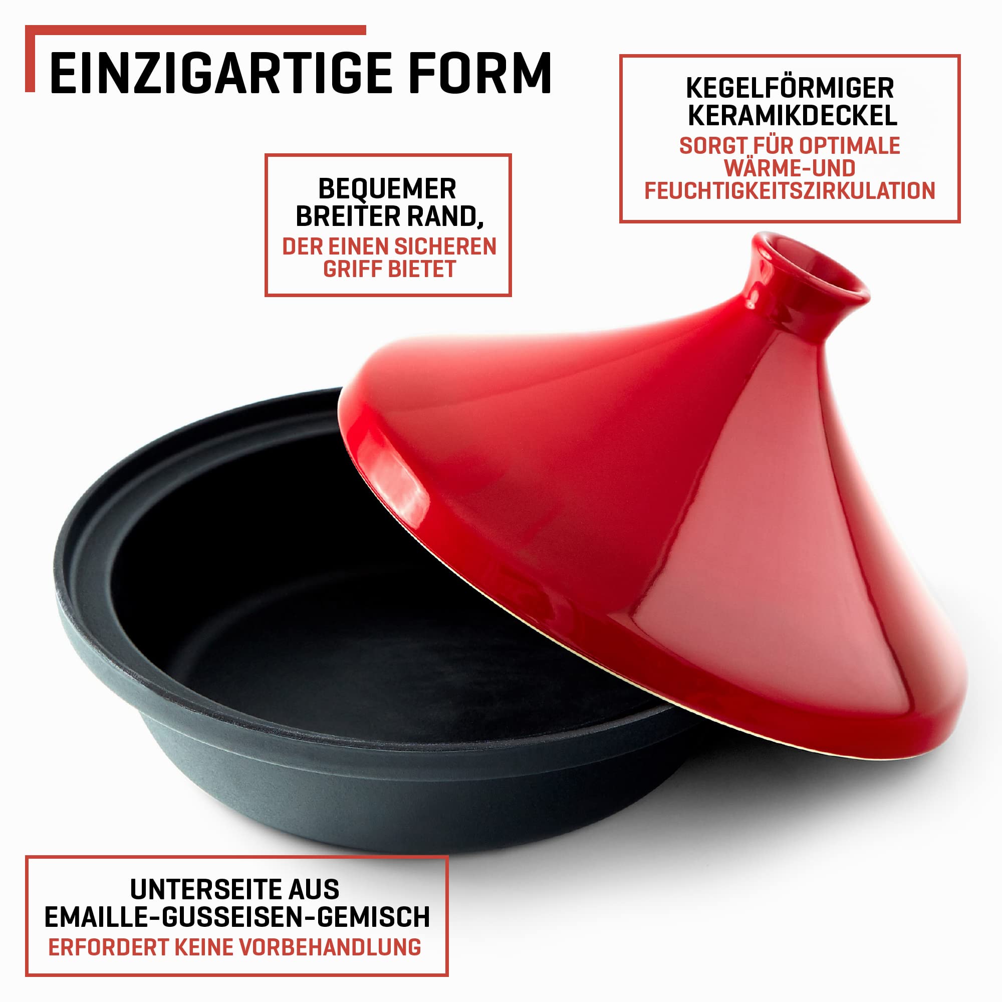 Uno Casa Marokkanische Tajine-Auflaufform – Topf aus Gusseisen, 3,5 l, mit emailliertem Gusseisenboden und kegelförmigem Deckel