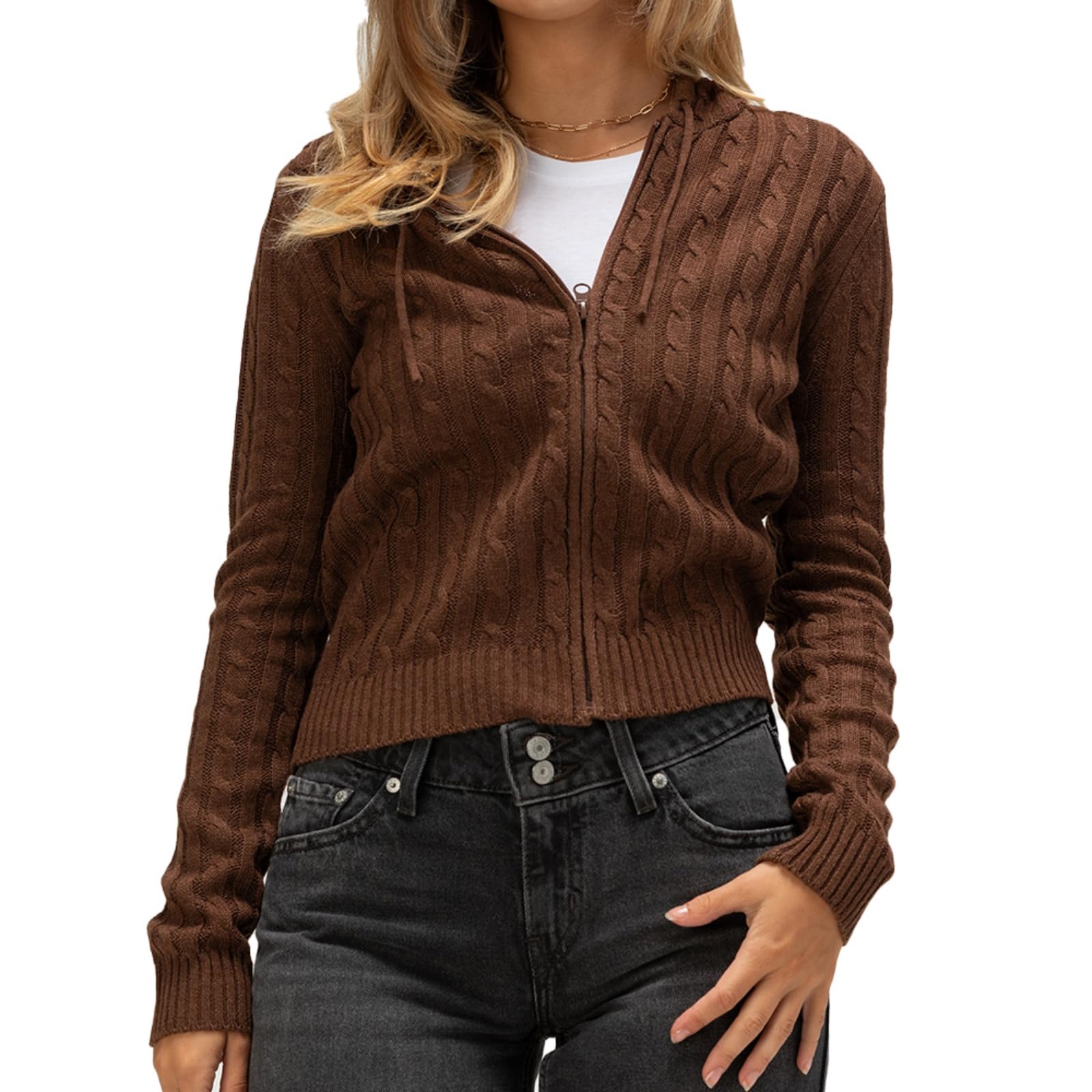 Women Zip Up Hoodie Y2k Vintage Long Sleeve Knitted Sweater 90s Knitwear Coat Jacket Streetwear