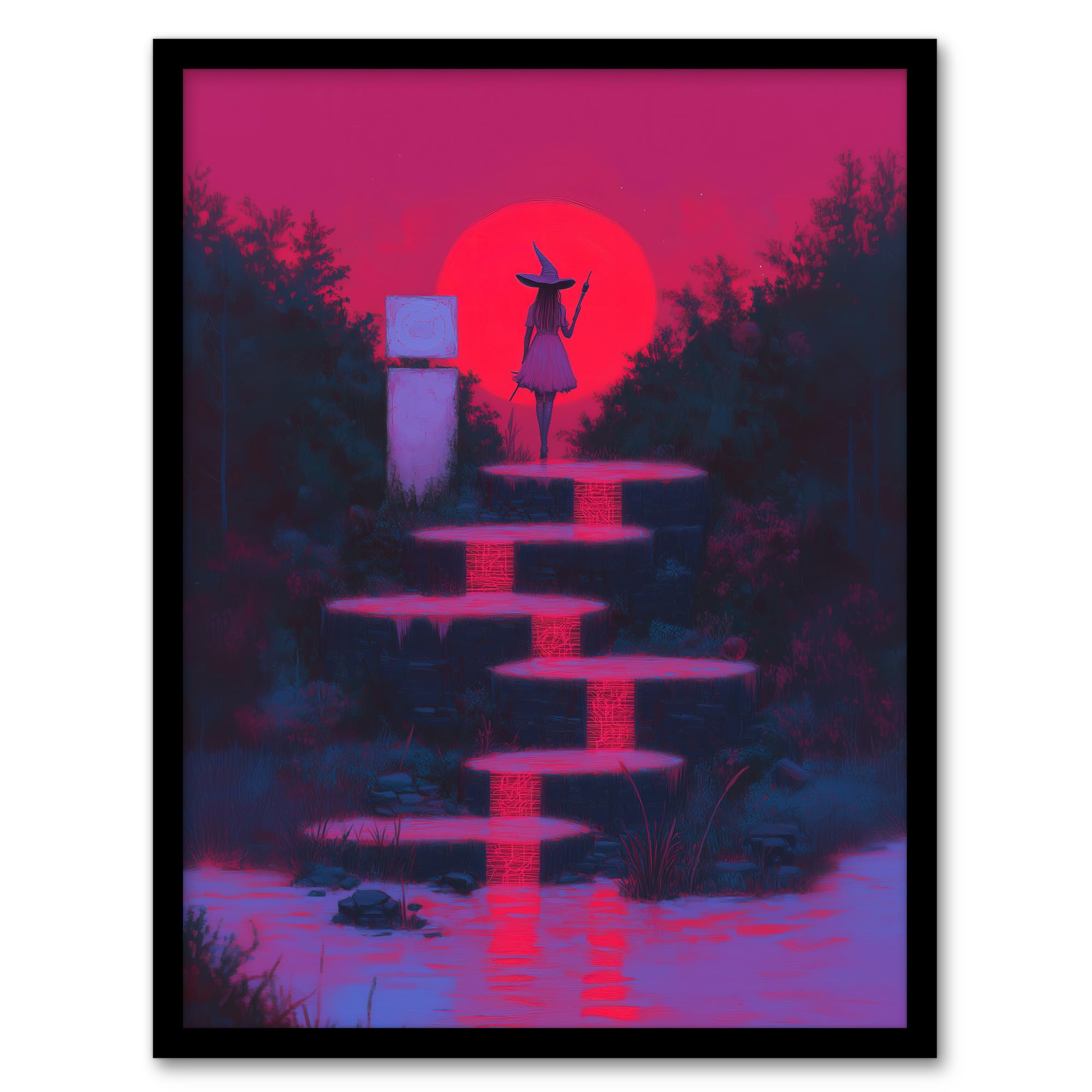 Artery8 Full Moon Witch Ritual Neon Pink Fantasy Art Living Room Artwork Framed Wall Art Print A4