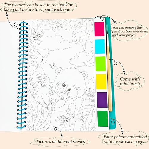 Miniatura 9 de Libro de pintura de acuarela de bolsillo para niños, suministros de arte de acuarela, pintura para principiantes, papel para colorear en agua con