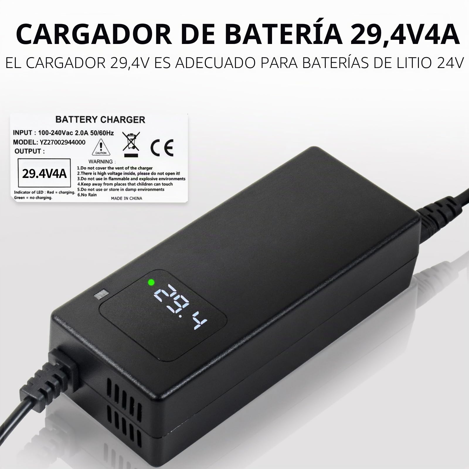Cargador de batería de 29,4 V, 4 A, para batería de litio de 24 V, con pantalla LED y múltiples funciones de protección y reparación, equipado con conectores RCA de 8 mm, CC 5,5 x 2,1 mm