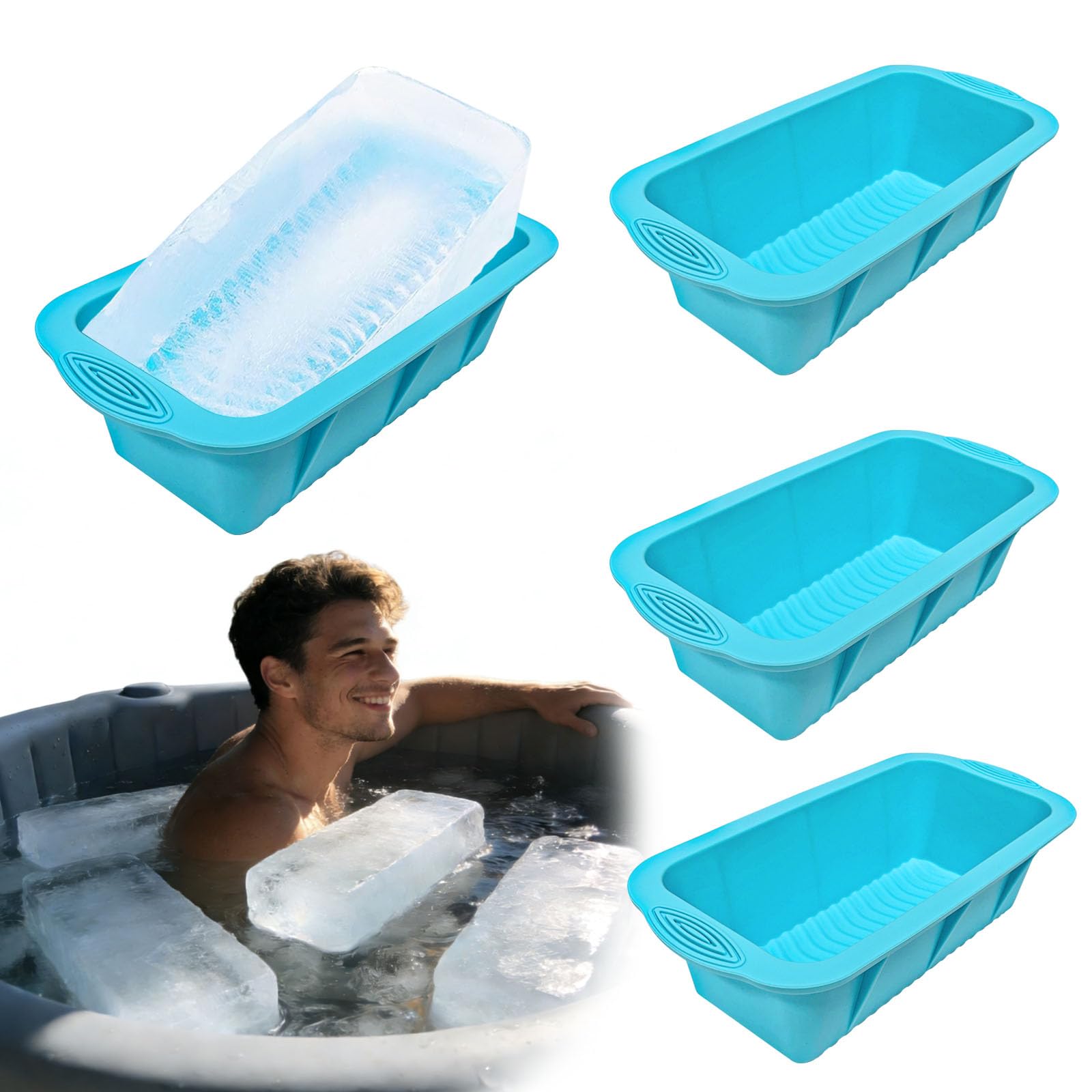 QQdou Large Ice Cube Tray, 4 Pcs Silicone Ice Cube Moulds, Big Square Ice Bath Cubes, Easy-Release Reusable Giant Trays Making, for Freezer Containers Ice Bath Cold Plunge Tub or Coolers(Blue)