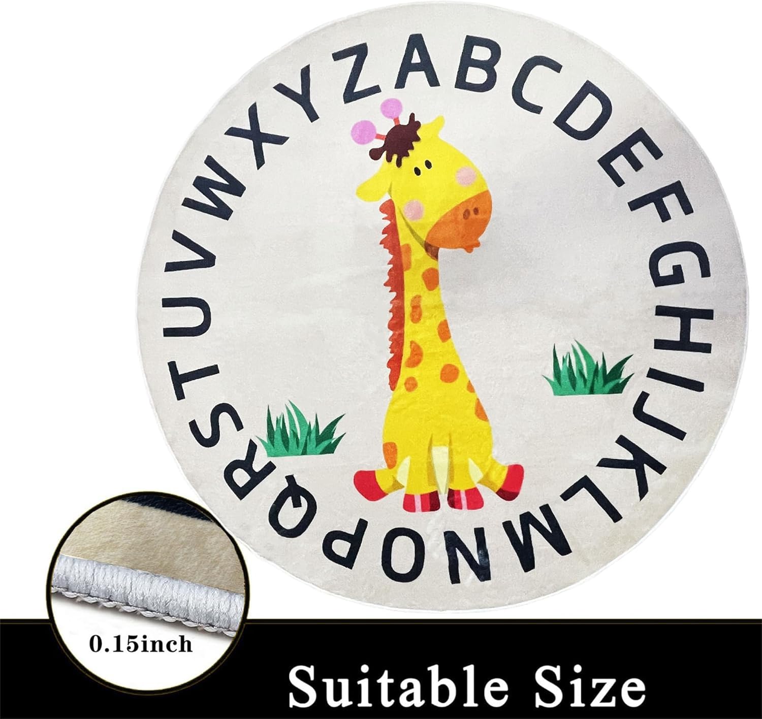 Giraffe Round ABC Kids Rug Circle Alphabet Animal Nursery Rug Large Giraffe Crawling Play Mat S(4ft, Cream)