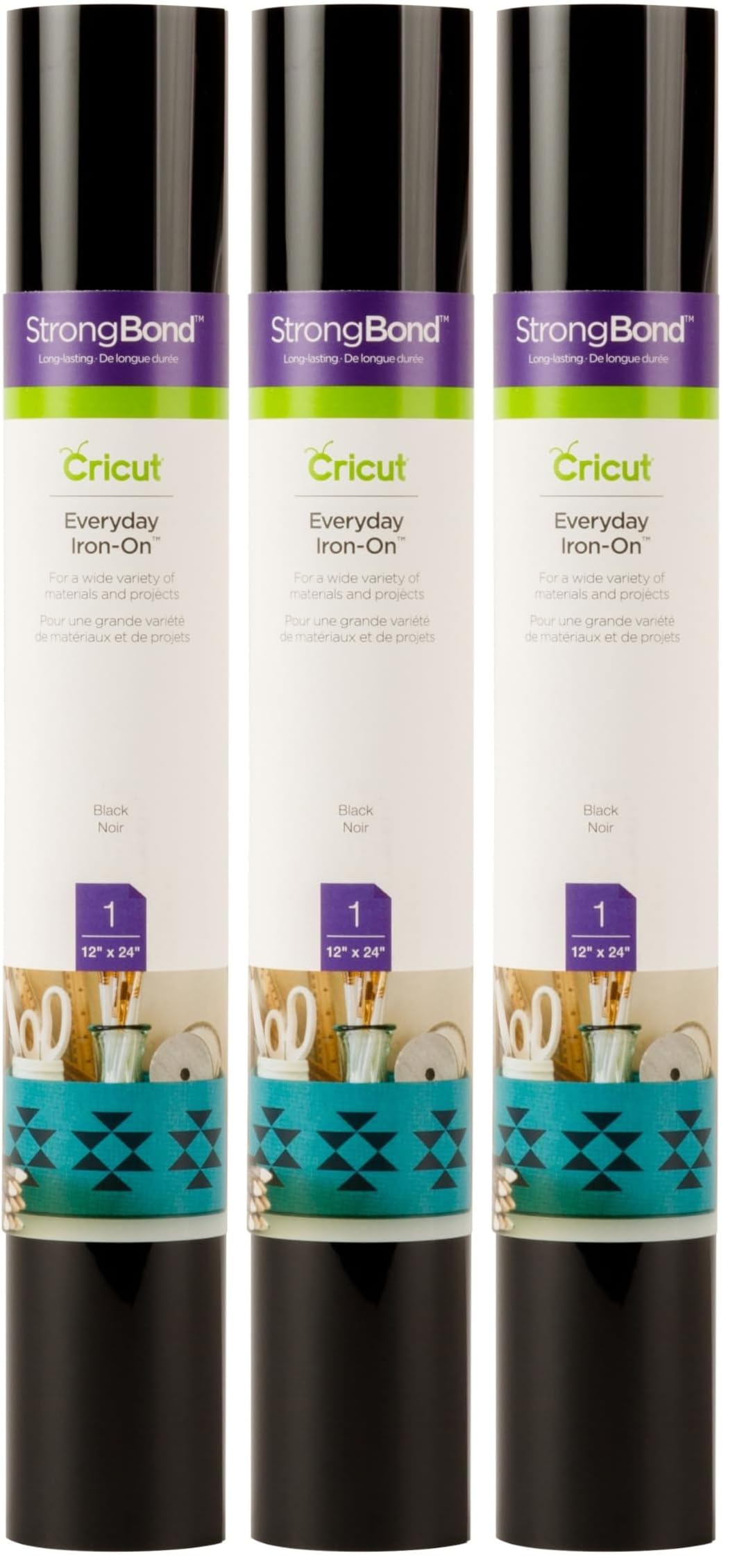 Cricut Everyday Iron On - Black, 3-Pack of 2ft Rolls (12"x24"), 6ft Total - HTV Heat Transfer Vinyl for Shirts, Apparel, Hats &amp; More - Compatible with Maker &amp; Explore Machines